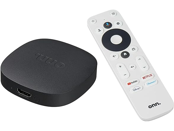 Caja de streaming Onn con su control remoto blanco, compatible con Flow Global TV