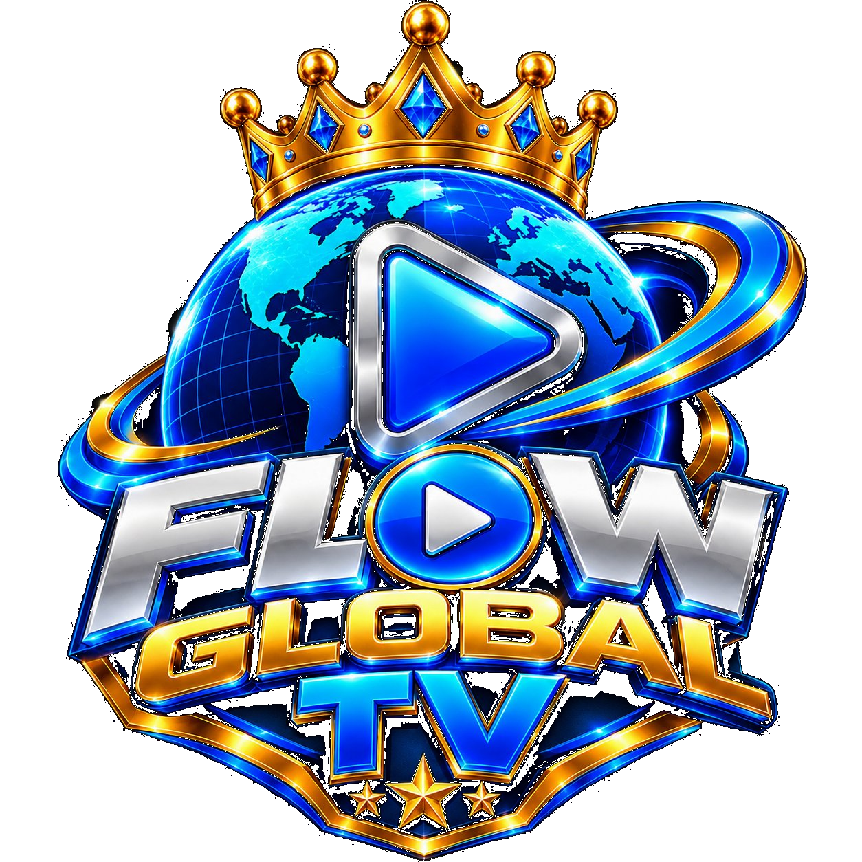 Logotipo de Flow Global TV: un globo azul coronado con un símbolo de reproducción